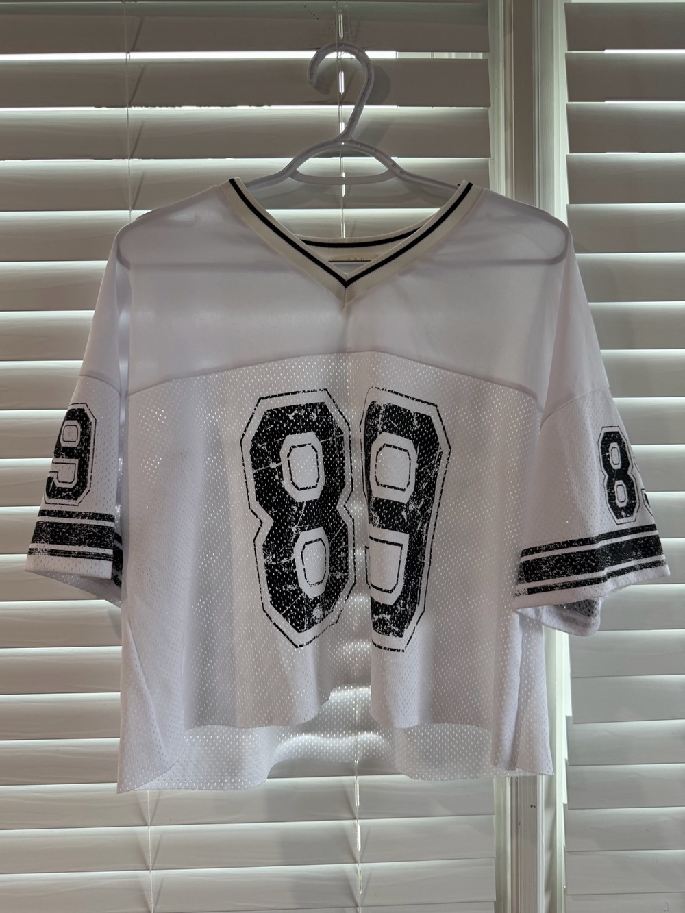 White Mesh Football Crop Top with Black Trim and '89' Graphic Size Large or XL